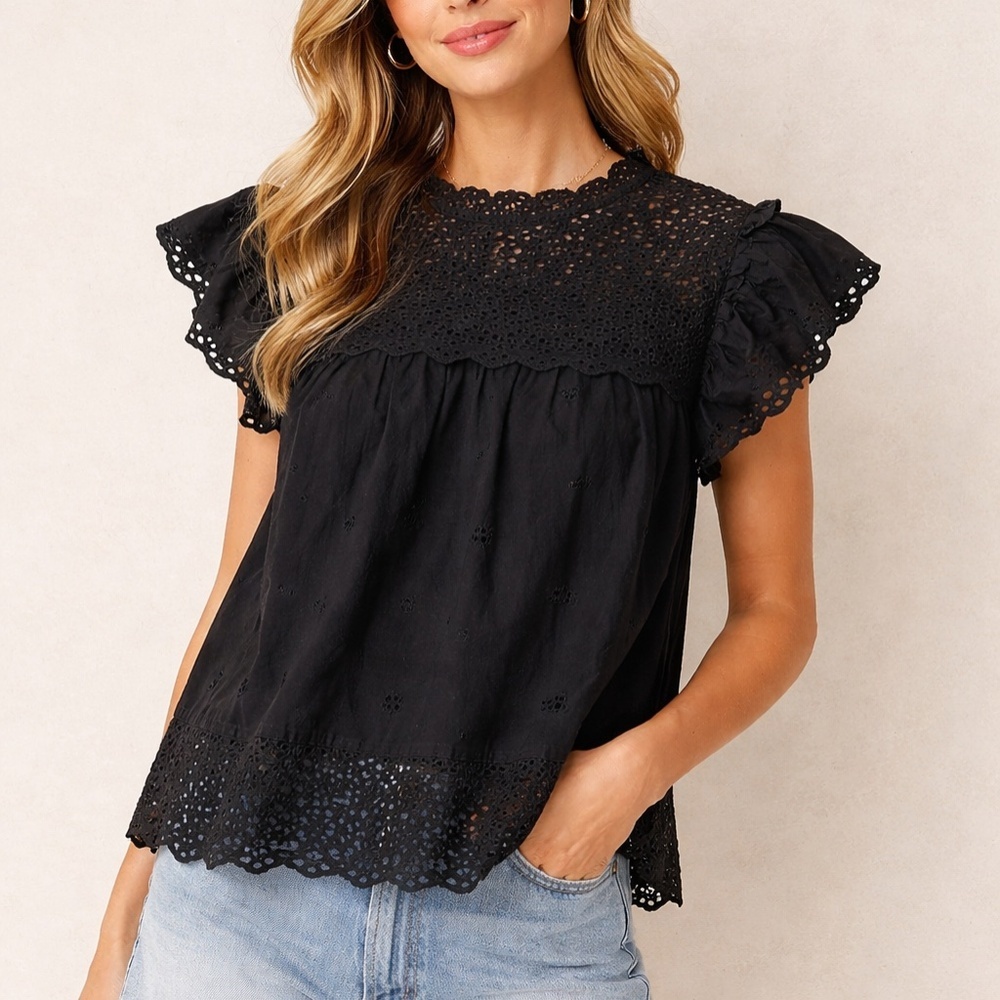 Calypso St Barth Black Broderie Anglaise Cotton Blouse Eyelet Ruffle Cottage S